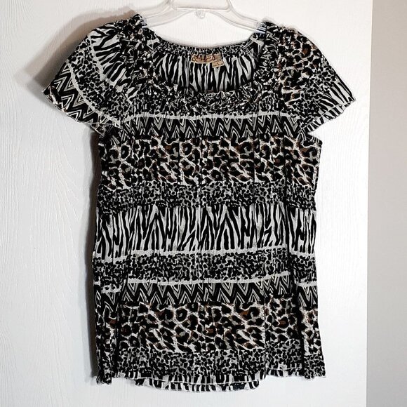 Art & SOUL Tiered Tunic - Animal Print, Smocked & Beaded Neckline; Size Large - Picture 1 of 6
